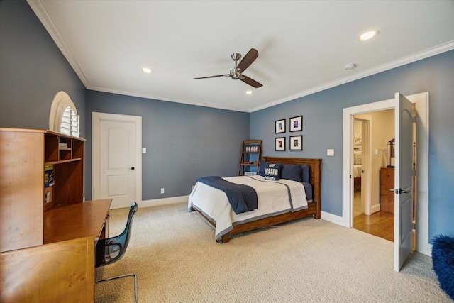 4504 Birch St, Bellaire, TX 77401 - bedroom with carpet, ornamental molding, baseboards, recessed lighting, and ceiling fan