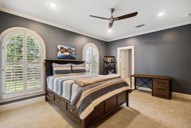 4504 Birch St, Bellaire, TX 77401 - bedroom with carpet, recessed lighting, crown molding, a ceiling fan, and baseboards