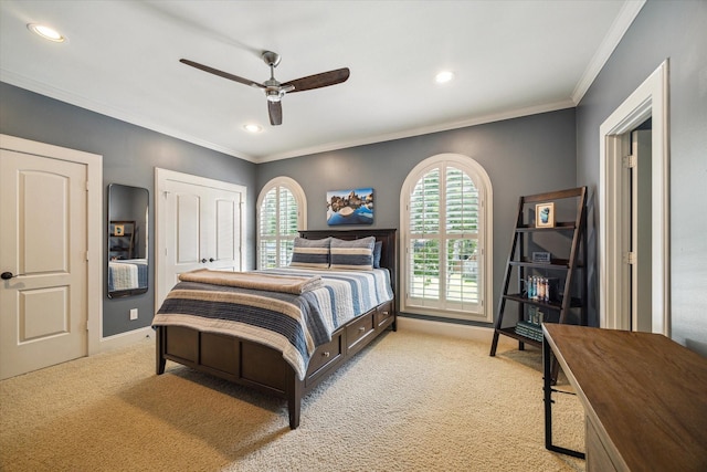 4504 Birch St, Bellaire, TX 77401 - carpeted bedroom with recessed lighting, crown molding, baseboards, and ceiling fan