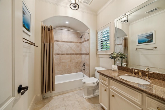 4504 Birch St, Bellaire, TX 77401 - bathroom featuring ornamental molding, toilet, vanity, tile patterned floors, and shower / bath combo