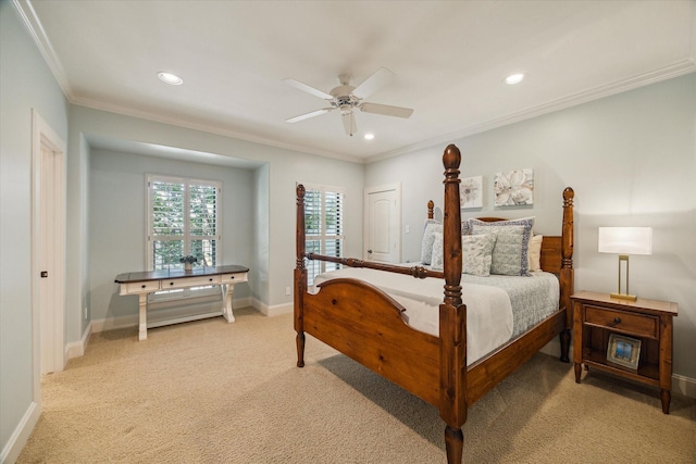 4504 Birch St, Bellaire, TX 77401 - bedroom with crown molding, recessed lighting, light carpet, baseboards, and a ceiling fan