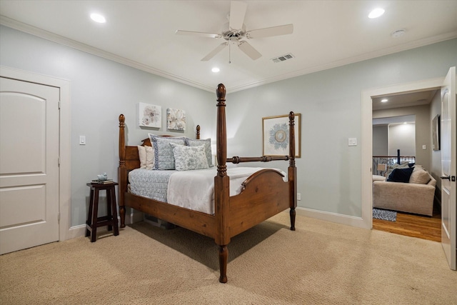 4504 Birch St, Bellaire, TX 77401 - bedroom with recessed lighting, light colored carpet, crown molding, baseboards, and ceiling fan