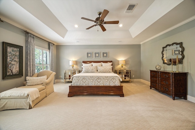 4504 Birch St, Bellaire, TX 77401 - bedroom featuring a raised ceiling, light carpet, baseboards, recessed lighting, and crown molding