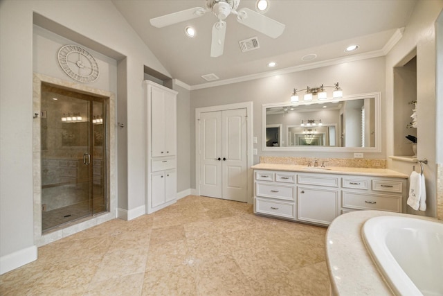 4504 Birch St, Bellaire, TX 77401 - bathroom with ornamental molding, a shower stall, vaulted ceiling, ceiling fan, and vanity