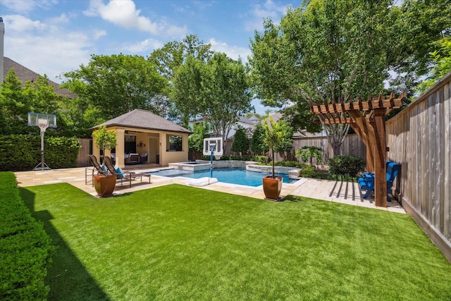 4504 Birch St, Bellaire, TX 77401 - view of swimming pool with a patio area, a pool with connected hot tub, a gazebo, and ceiling fan