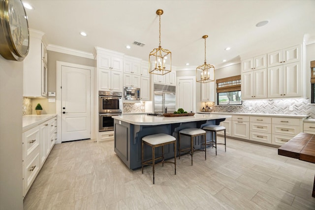 4504 Birch St, Bellaire, TX 77401 - kitchen featuring built in appliances, a chandelier, a center island, crown molding, and tasteful backsplash
