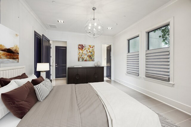 5211 Calle Cordoba Pl, Houston, TX 77007 - bedroom featuring tile patterned flooring, crown molding, radiator heating unit, a chandelier, and baseboards