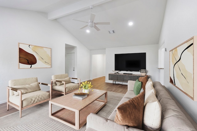 22930 Green Bark St, Spring, TX 77375 - living area with wood finished floors, beam ceiling, ceiling fan, high vaulted ceiling, and baseboards
