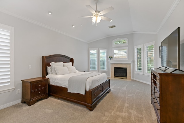 13911 Falcon Heights Dr, Cypress, TX 77429 - bedroom featuring light colored carpet, baseboards, a fireplace with flush hearth, ornamental molding, and vaulted ceiling