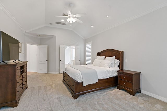13911 Falcon Heights Dr, Cypress, TX 77429 - bedroom with lofted ceiling, light colored carpet, ornamental molding, baseboards, and ceiling fan