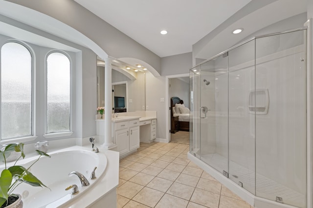 13911 Falcon Heights Dr, Cypress, TX 77429 - full bath featuring a stall shower, a garden tub, vanity, tile patterned flooring, and recessed lighting