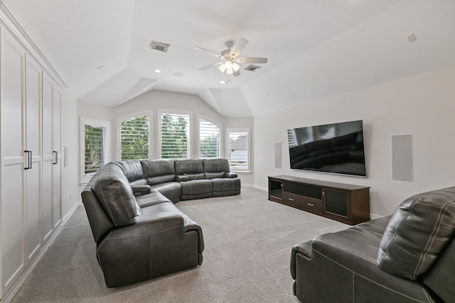 13911 Falcon Heights Dr, Cypress, TX 77429 - living area featuring carpet flooring, ceiling fan, baseboards, recessed lighting, and vaulted ceiling