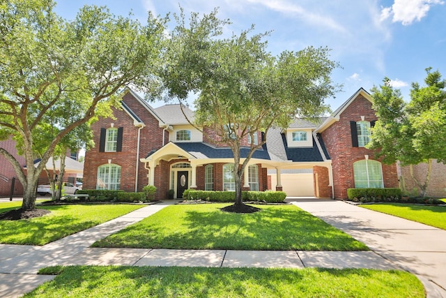 13911 Falcon Heights Dr, Cypress, TX 77429 - traditional-style home with a front yard, brick siding, concrete driveway, and an attached garage