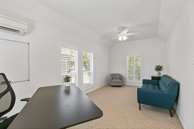 13911 Falcon Heights Dr, Cypress, TX 77429 - carpeted office featuring an AC wall unit, a ceiling fan, lofted ceiling, and baseboards