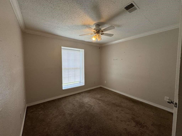 11111 Sagecrest Ln, Houston, TX 77089 - unfurnished room featuring a ceiling fan, ornamental molding, dark colored carpet, baseboards, and a textured ceiling