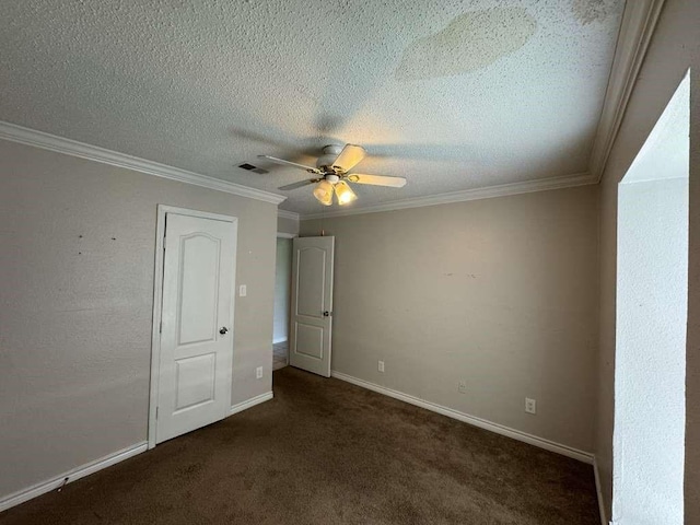 11111 Sagecrest Ln, Houston, TX 77089 - unfurnished bedroom featuring carpet flooring, crown molding, baseboards, a ceiling fan, and a textured ceiling