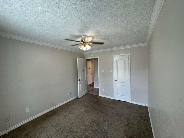 11111 Sagecrest Ln, Houston, TX 77089 - unfurnished bedroom featuring baseboards, a textured ceiling, carpet floors, ornamental molding, and a ceiling fan