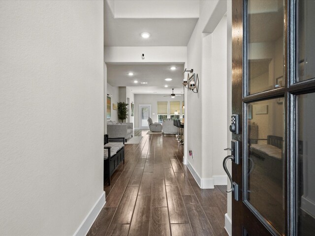 11715 Tranquility Summit Dr, Cypress, TX 77433 - hall featuring dark wood-style flooring, baseboards, and recessed lighting