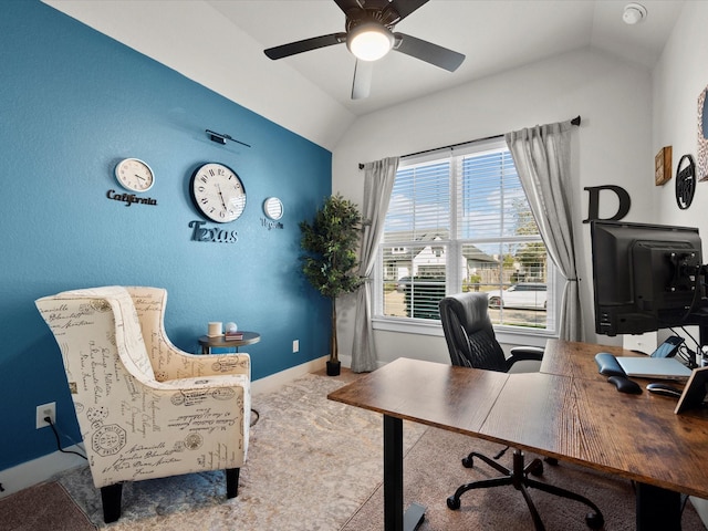 11715 Tranquility Summit Dr, Cypress, TX 77433 - home office featuring vaulted ceiling, carpet, baseboards, and a ceiling fan