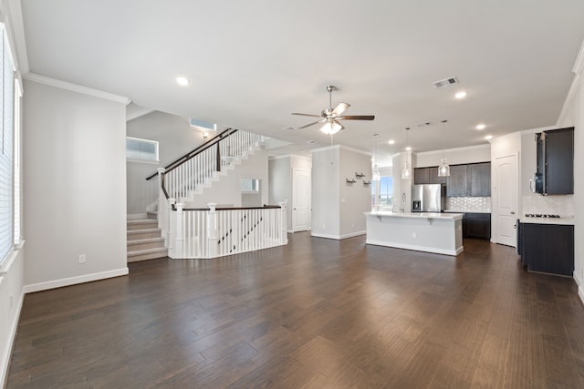 11909 Eastgrove Park Way, Houston, TX 77051 - unfurnished living room with ornamental molding, a ceiling fan, baseboards, dark wood finished floors, and recessed lighting