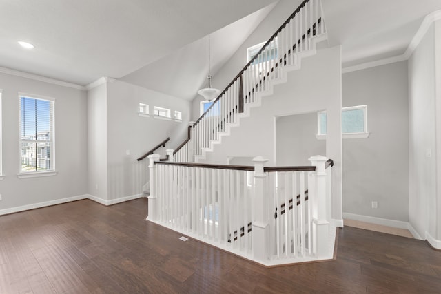 11909 Eastgrove Park Way, Houston, TX 77051 - stairs featuring wood finished floors, baseboards, ornamental molding, and recessed lighting