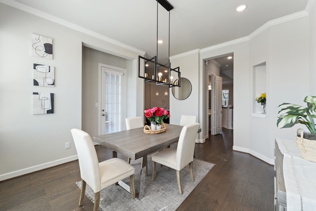 11909 Eastgrove Park Way, Houston, TX 77051 - dining space featuring dark wood finished floors, crown molding, baseboards, a chandelier, and recessed lighting