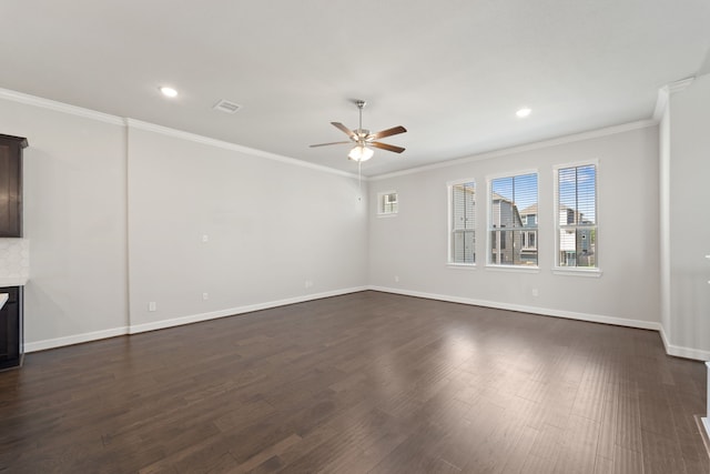 11909 Eastgrove Park Way, Houston, TX 77051 - unfurnished living room with a ceiling fan, ornamental molding, baseboards, dark wood-type flooring, and recessed lighting