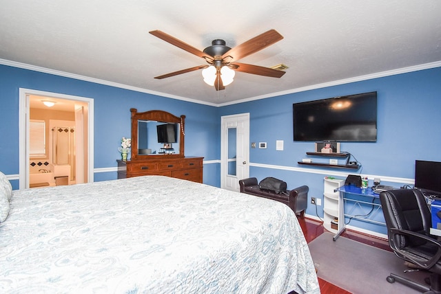19711 Arbor Creek Dr, Katy, TX 77449 - bedroom featuring an office area, wood finished floors, crown molding, ceiling fan, and ensuite bath