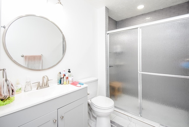 19711 Arbor Creek Dr, Katy, TX 77449 - bathroom featuring a stall shower, toilet, vanity, marble finish floors, and recessed lighting