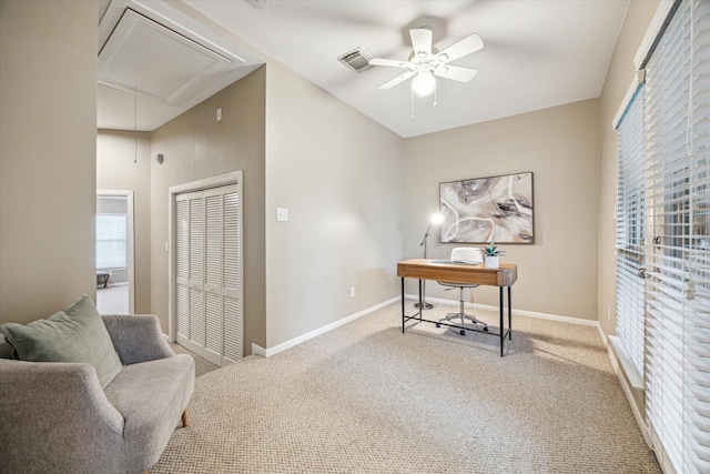 1244 W 18th St, Houston, TX 77008 - carpeted office space with attic access, ceiling fan, and baseboards