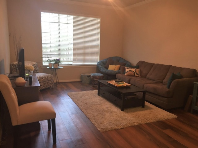 living area with hardwood / wood-style flooring, ornamental molding, and baseboards