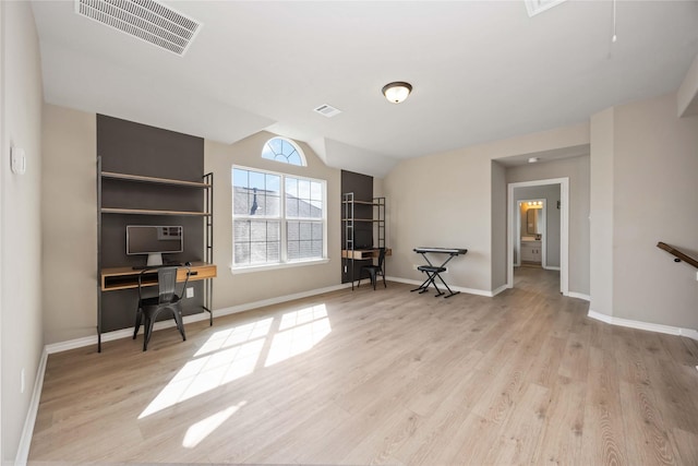 30427 Legacy Pines Dr, Spring, TX 77386 - office area featuring light wood-style floors, baseboards, and vaulted ceiling