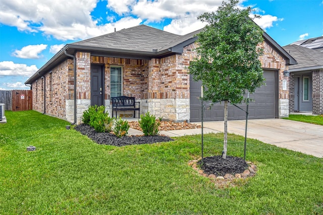 view of front of property featuring a garage, driveway, roof with shingles, brick siding, and stone siding