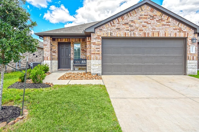 view of front of property with driveway, a garage, brick siding, stone siding, and roof with shingles