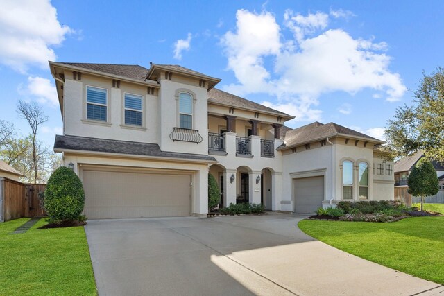 5131 Rowley Falls Ln, Sugar Land, TX 77479 - view of front of house with a balcony, stucco siding, driveway, and a garage