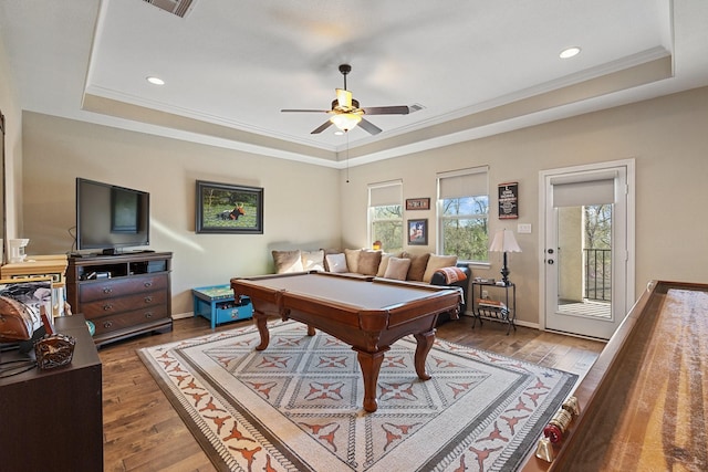 5131 Rowley Falls Ln, Sugar Land, TX 77479 - rec room with a raised ceiling, billiards table, wood-type flooring, a ceiling fan, and recessed lighting