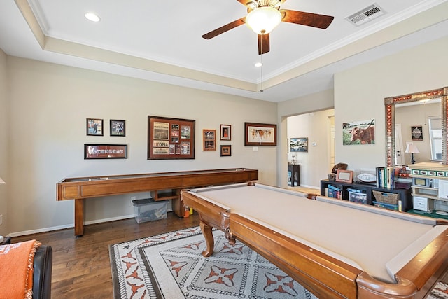 5131 Rowley Falls Ln, Sugar Land, TX 77479 - rec room with ceiling fan, wood finished floors, recessed lighting, pool table, and a raised ceiling
