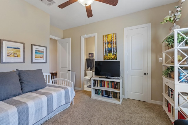 5131 Rowley Falls Ln, Sugar Land, TX 77479 - bedroom featuring carpet floors, ensuite bathroom, baseboards, and a ceiling fan