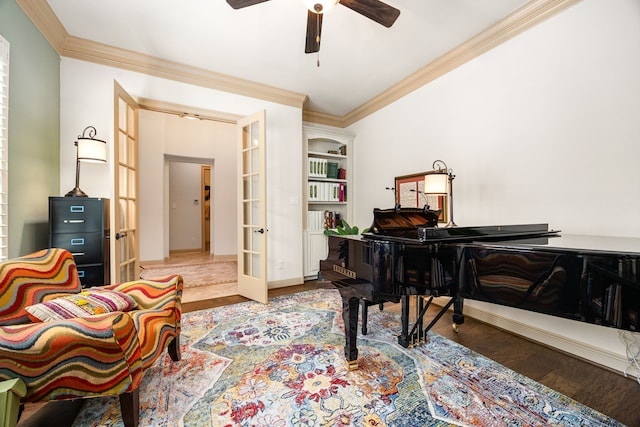 1223 Eversham Way, Kingwood, TX 77339 - home office with french doors, wood finished floors, crown molding, and ceiling fan