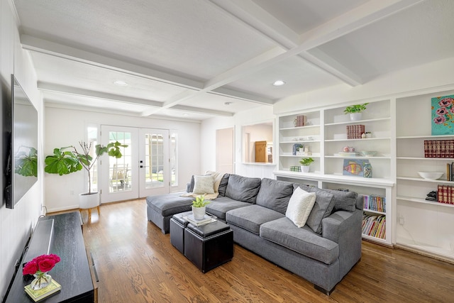 5623 Spellman Rd, Houston, TX 77096 - living area featuring wood finished floors, french doors, beam ceiling, coffered ceiling, and recessed lighting