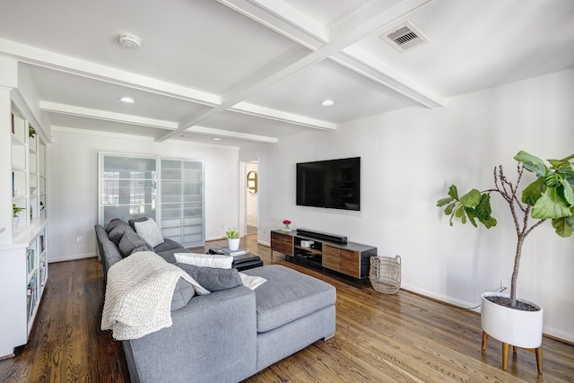 5623 Spellman Rd, Houston, TX 77096 - living area with beam ceiling, wood finished floors, recessed lighting, and baseboards