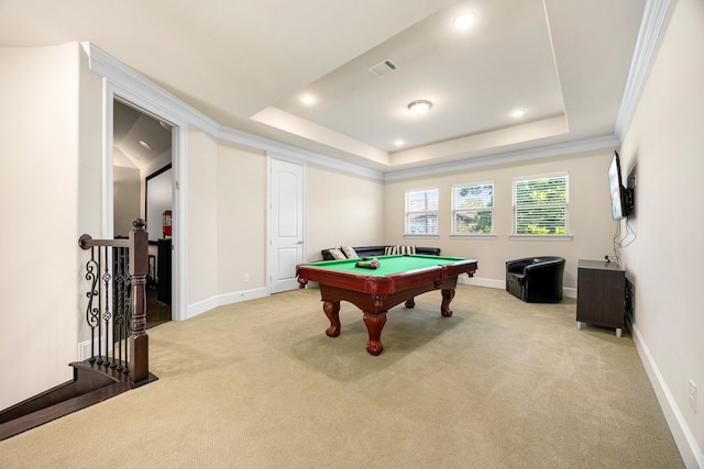 4302 Meyerwood Dr, Houston, TX 77096 - game room featuring carpet flooring, pool table, baseboards, a tray ceiling, and recessed lighting