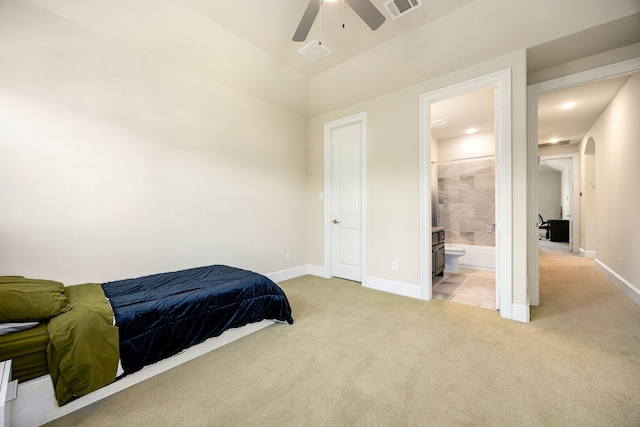 4302 Meyerwood Dr, Houston, TX 77096 - bedroom with carpet floors, arched walkways, baseboards, ensuite bathroom, and ceiling fan