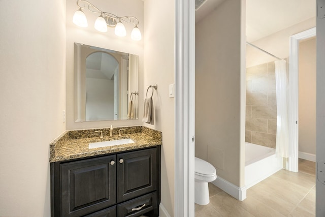4302 Meyerwood Dr, Houston, TX 77096 - bathroom with toilet, vanity, baseboards, tile patterned floors, and shower / bath combo with shower curtain