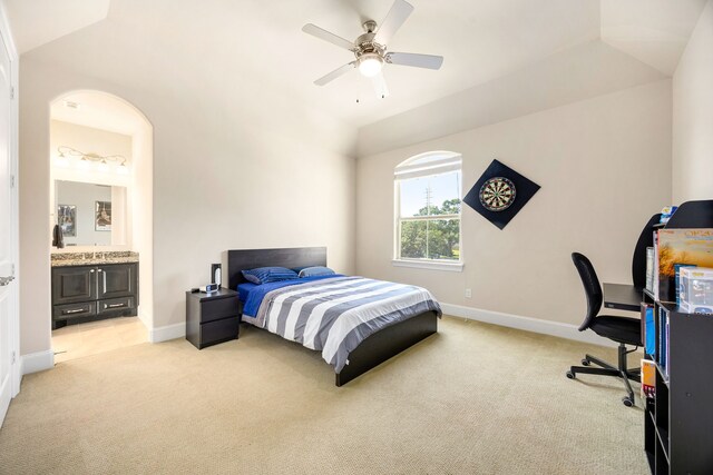 4302 Meyerwood Dr, Houston, TX 77096 - bedroom featuring light colored carpet, baseboards, lofted ceiling, ensuite bathroom, and a ceiling fan