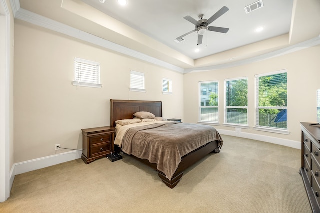 4302 Meyerwood Dr, Houston, TX 77096 - bedroom featuring a raised ceiling, light carpet, recessed lighting, baseboards, and a ceiling fan