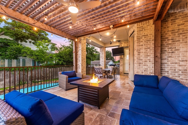 4302 Meyerwood Dr, Houston, TX 77096 - view of patio with an outdoor living space with a fire pit, a fenced backyard, a pergola, and ceiling fan