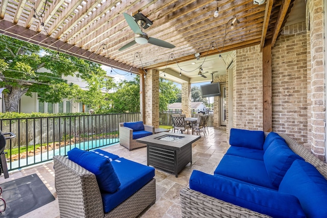 4302 Meyerwood Dr, Houston, TX 77096 - view of patio featuring an outdoor living space with a fire pit, outdoor dining space, a fenced backyard, and a ceiling fan