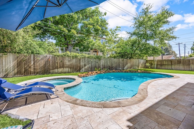 4302 Meyerwood Dr, Houston, TX 77096 - view of pool featuring a fenced backyard, a patio, and a pool with connected hot tub