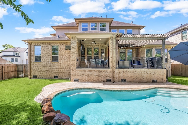 4302 Meyerwood Dr, Houston, TX 77096 - back of house featuring crawl space, a patio, brick siding, and ceiling fan